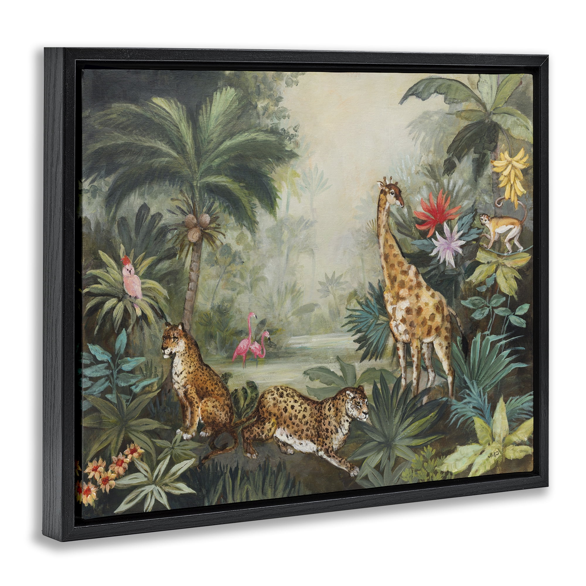 Stupell Industries Tropical Animals in Jungle Landscape Painting Black Floater Framed Canvas Art Print Wall Art, 21 x 17