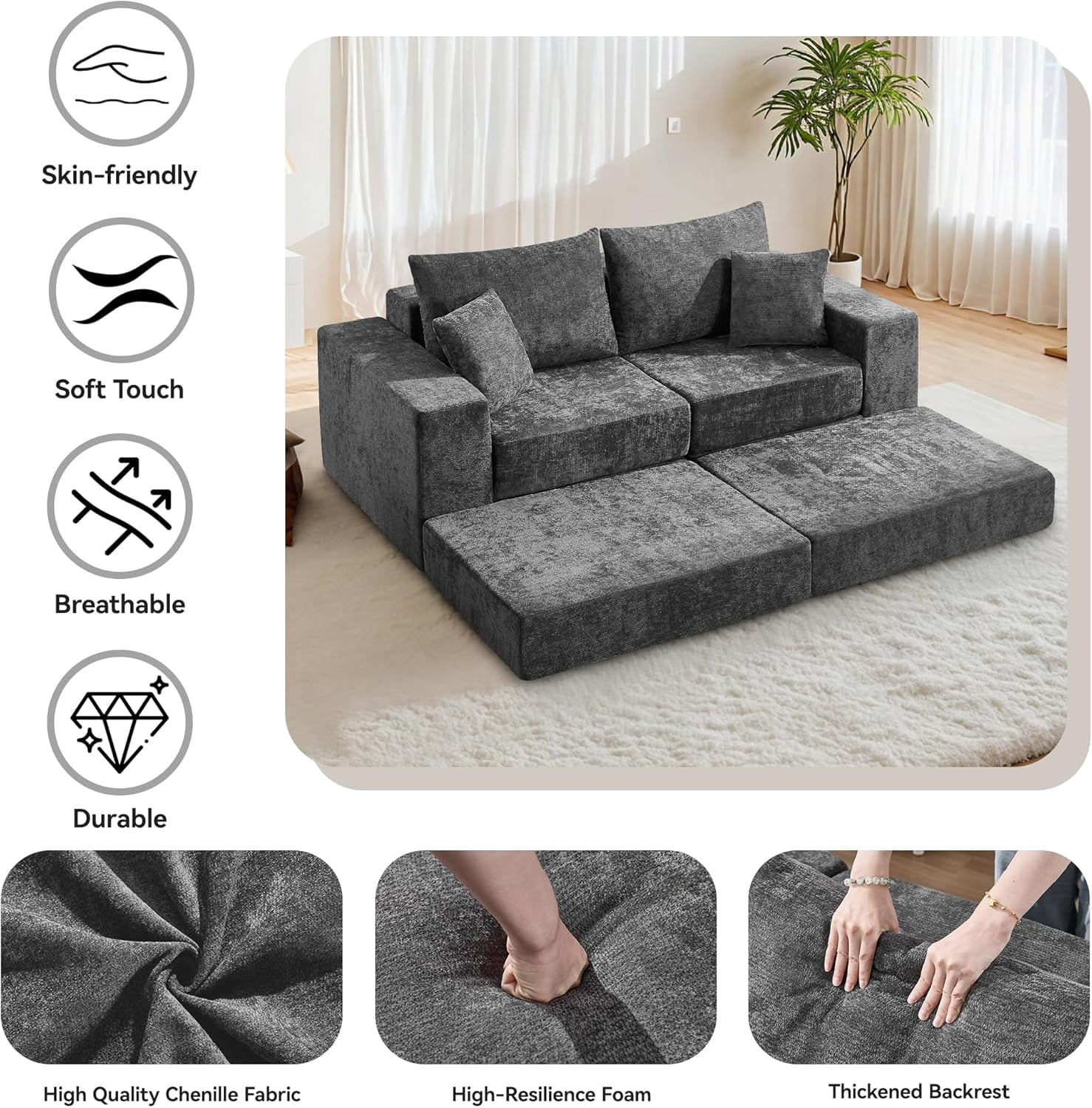 79" Boneless Cloud Loveseat Sofa with Ottoman, Modular Chenille Convertible Floor Couch Bed, No Assembly, Dark Gray