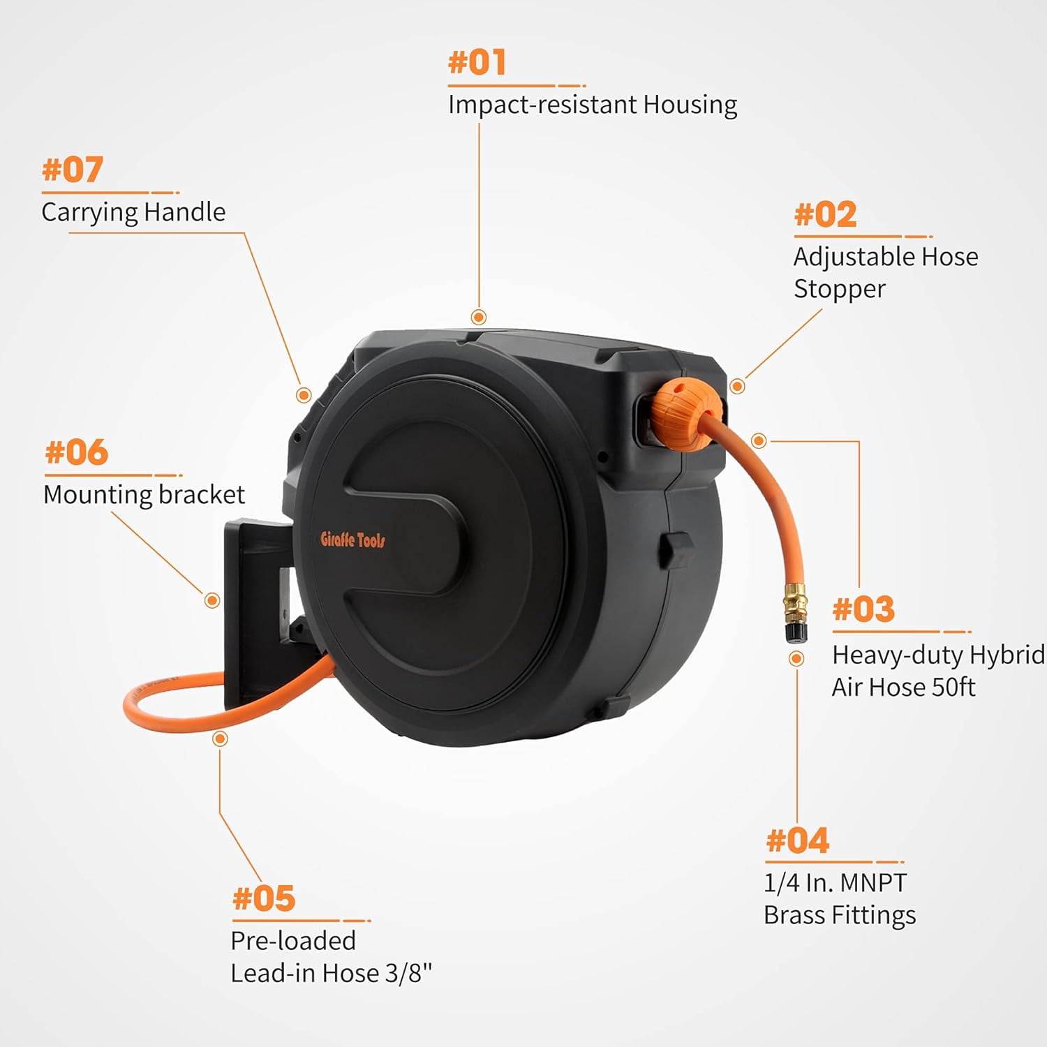 Giraffe Tools Retractable Air Hose Reel, 3/8in-50 ft, Wall Mounted with 180° Swivel Bracket, Compressor Hose Reel, 300 PSI