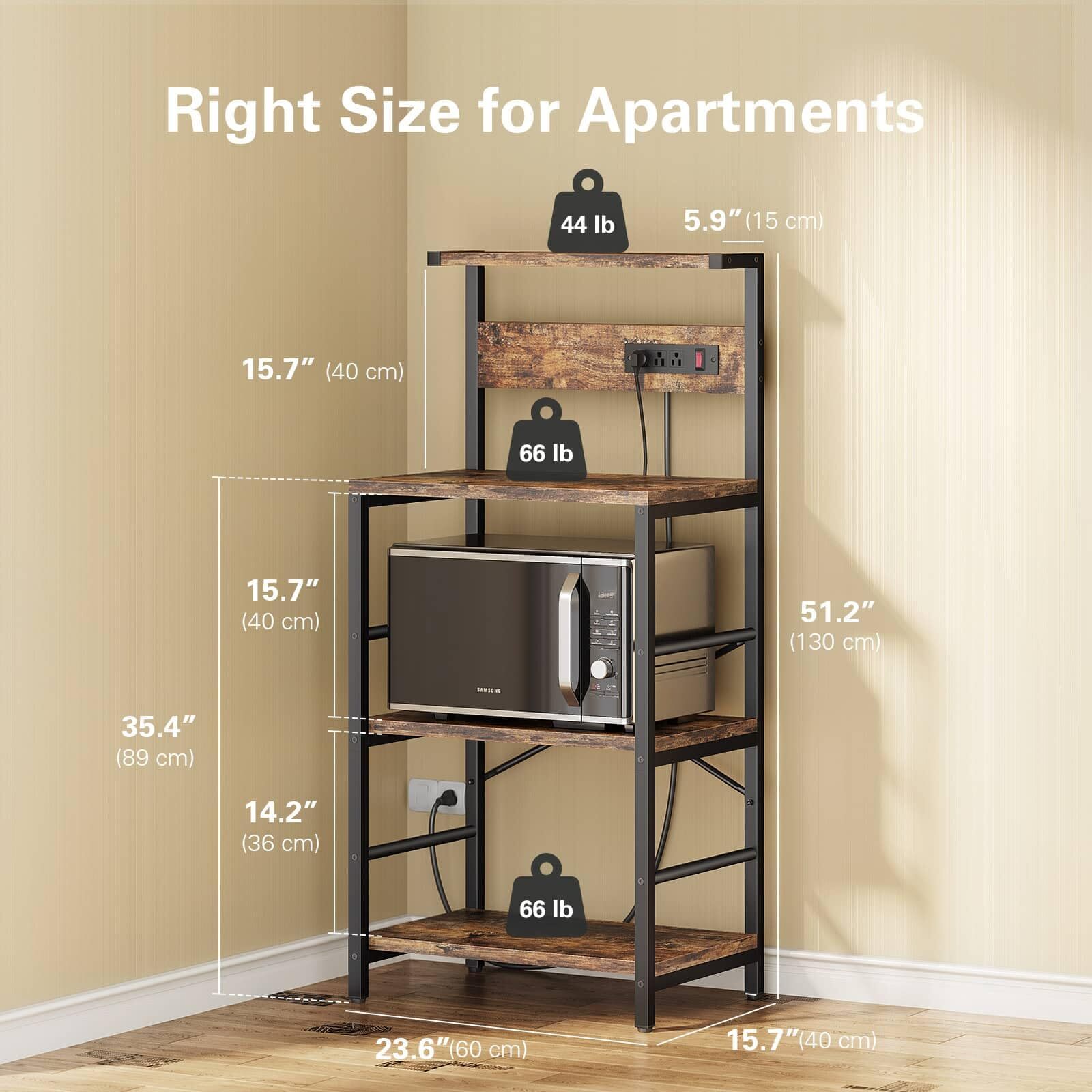 Kitchen Baker's Rack, 4-Tier Coffee Station with Power Outlets, Bug Hull Industrial Microwave Stand, Kitchen Storage Shelf, Coffee Bar Station, Rustic Brown