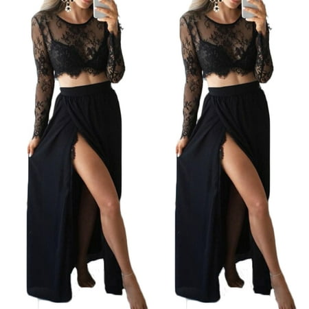 Cropped Jacket & Silk Skirt 2Pcs Sexy Women Dress Elegant Lace Long Sleeve See Through T-shirt Crop Tops + High Waist Side Split Black Solid Party Long Maxi Skirt S ()
