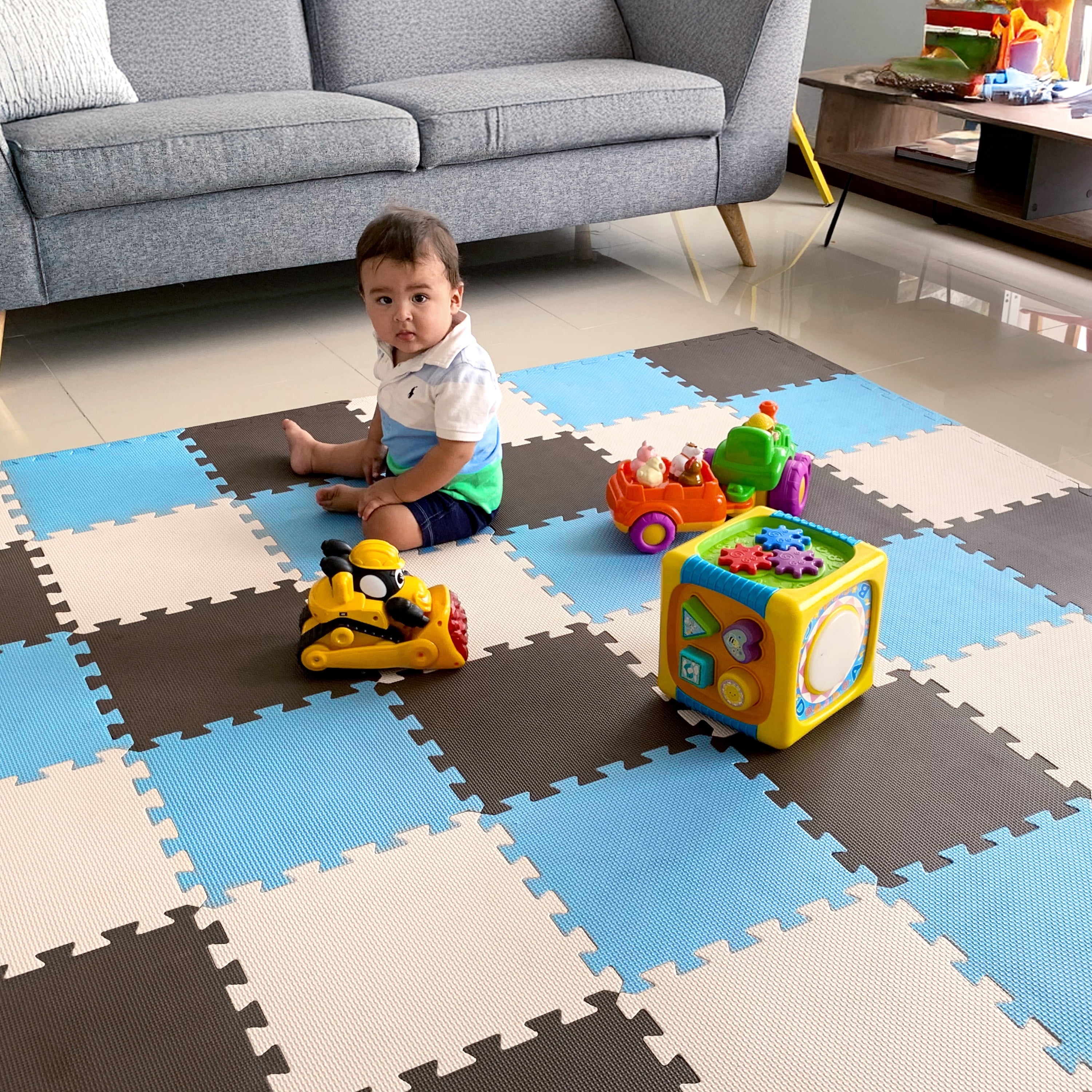 MioTetto Non-Toxic Foam Play Mat for Babies & Kids, Interlocking Puzzle Tiles, Blue-Brown-Beige, 36 Pieces – Perfect for Tummy Time, Crawling, Nursery, Playroom, or Gym
