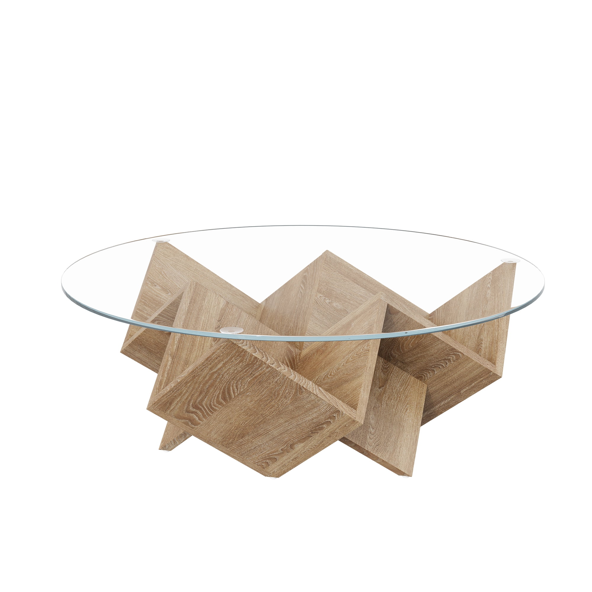 35.4-Inch Round Coffee Table with Tempered Glass Top and Geometric Art Deco Base, Storage Shelf Table and Center Table for Living Room, Natural