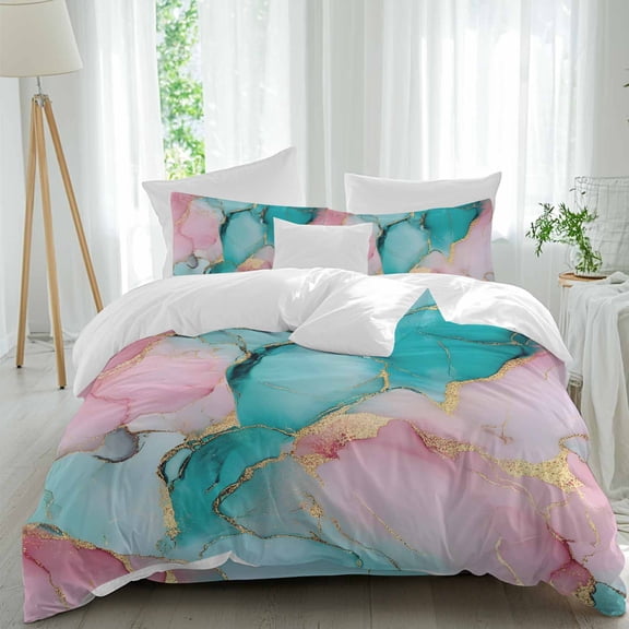 Teal Pink Duvet Cover Set Queen Size, Gold Marble Modern Abstract Natural Stone Cracks 4 Piece Soft Microfiber Bedding Set with 1 Duvet Cover, 1 Flat Sheet, 2 Pillowcases