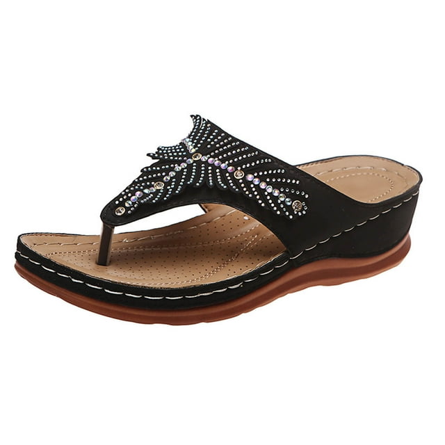 Sandals for Womens Flip Flop Slip on Arch Support Low Wedge Thick Bottom Open Toe Rhinestone Decor Bilingbiling Soft Sole Comfortable Non Slip Beach Summer Thong Shoes Black