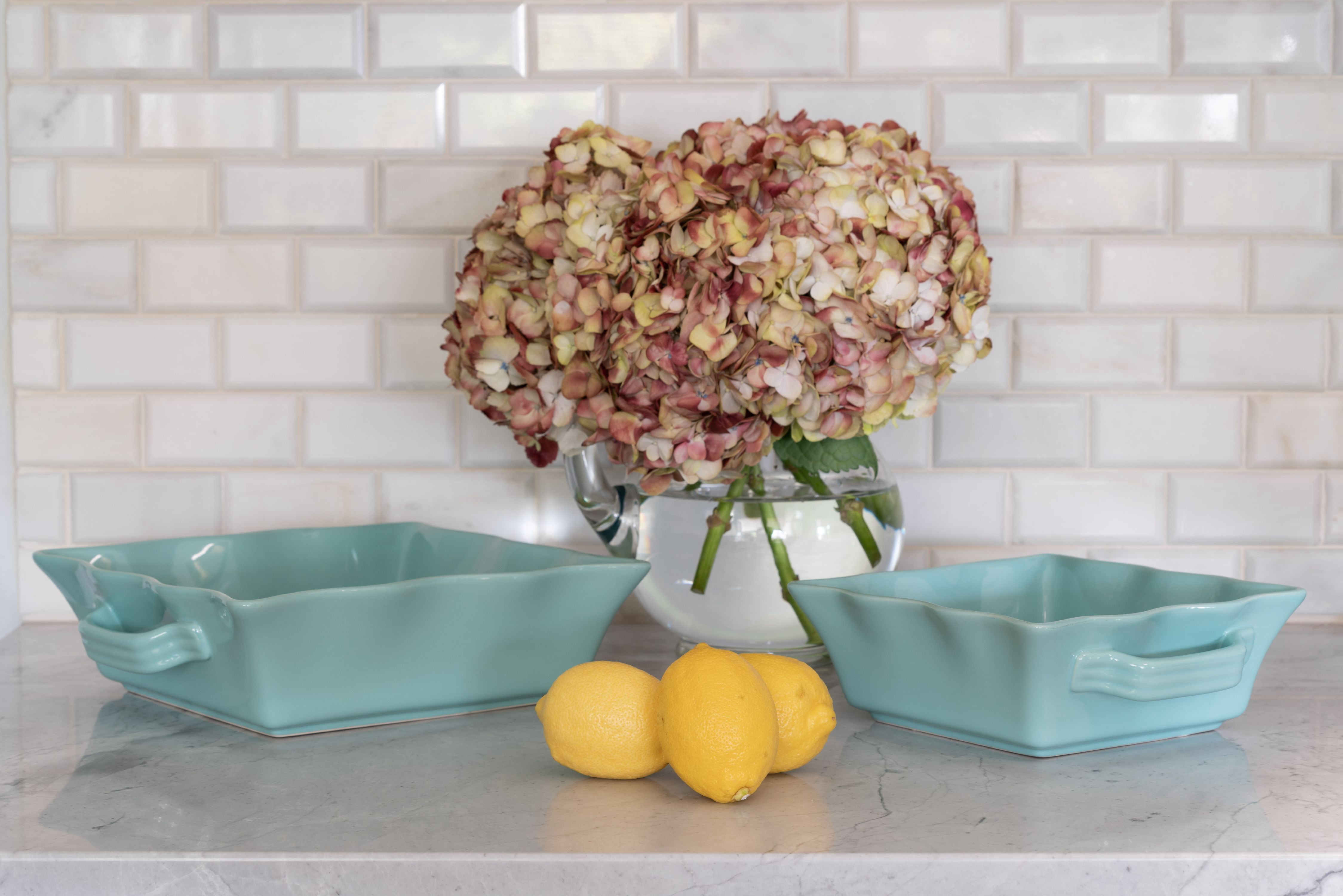 10 Strawberry Street Ruffled Square Ceramic Bakers Set of 2, Turquoise