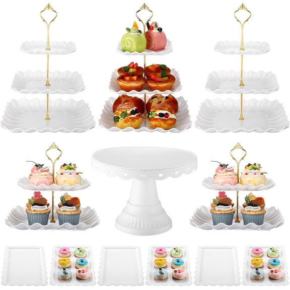 12 Pcs Dessert Cupcake Stand Holder, Cake Table Display Set Include 5 Cupcake Stand Tiered Tower 1 Cake Holder 6 Serving Tray Combo for Tea Party Birthday Baby Shower Wedding(White,Gold)