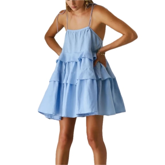 Women's Ruffle Layered Tie Shoulder Cami Dress 100% Cotton Fabric for Effortless Summer Chic Everyday Wear AllDay