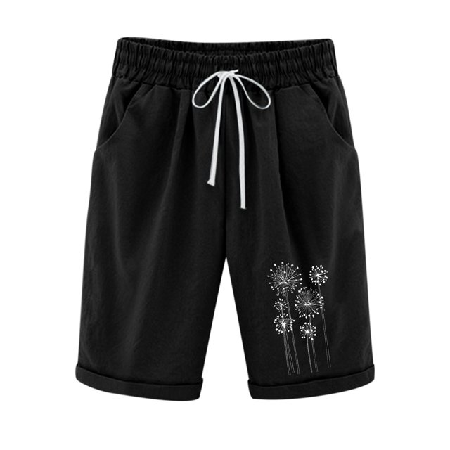 FAIWAD Womens Summer Shorts Elastic High Waist Drawstring Pants Knee Length Floral Print Breathable Shorts