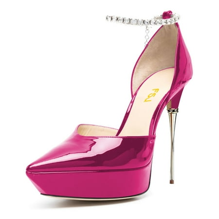 

FSJ Women Stylish Pointed Toe Rhinestone Chain Ankle Strap Sandals Stilettos Platform High Heel Pumps Dress Wedding Shoes Size 12 Pink