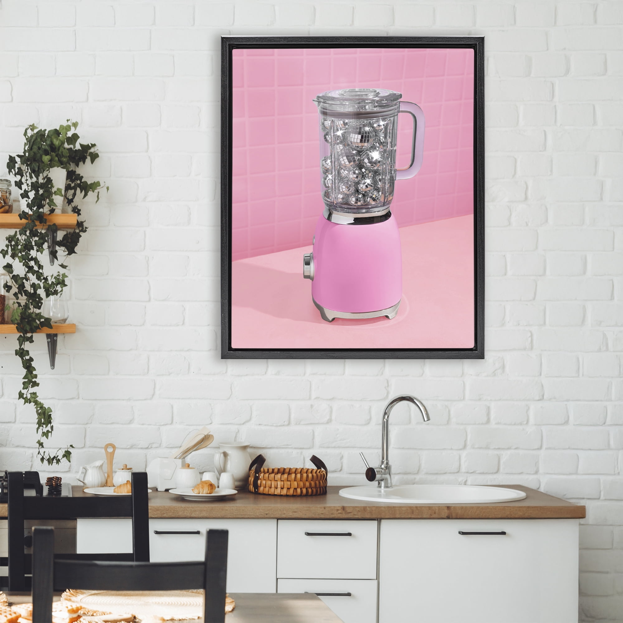 Stupell Industries Disco Drink Blender over Pink Black Framed Floater Canvas Wall Art, design by LISH Creative