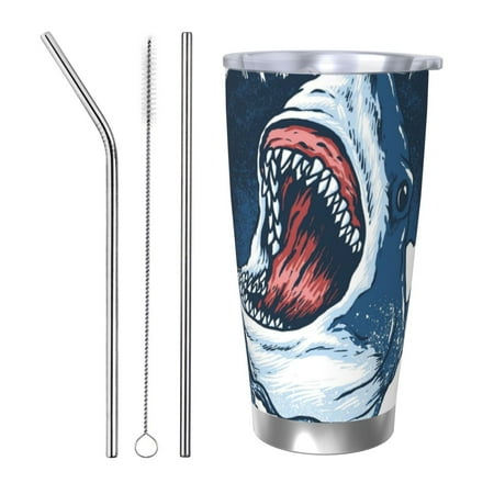 

Gaeub Shark Print 20-Ounce Stainless Steel Car Cup Tumblers Cups with Lids and Straw Coffee Cups for Adults Kids Home Car Office School Travel Party-Straw Three-piece Set