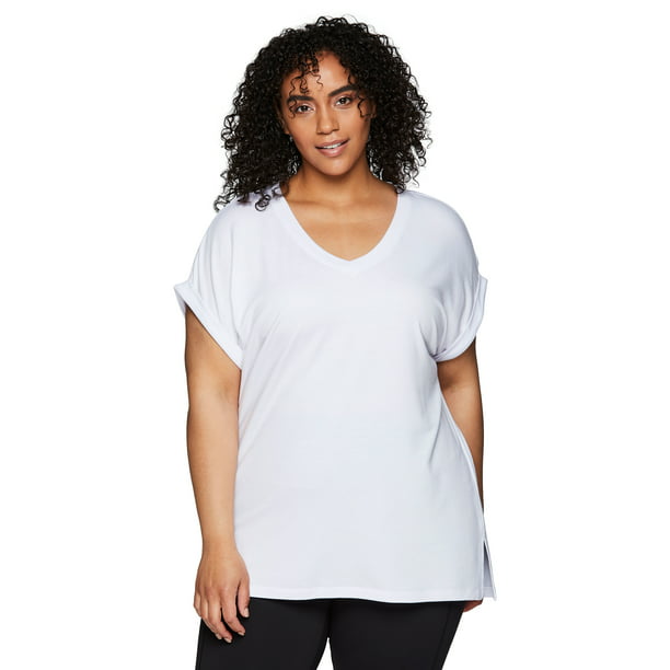 RBX Active Women's Plus Size French Terry V-Neck Short Sleeve Tunic Top ...