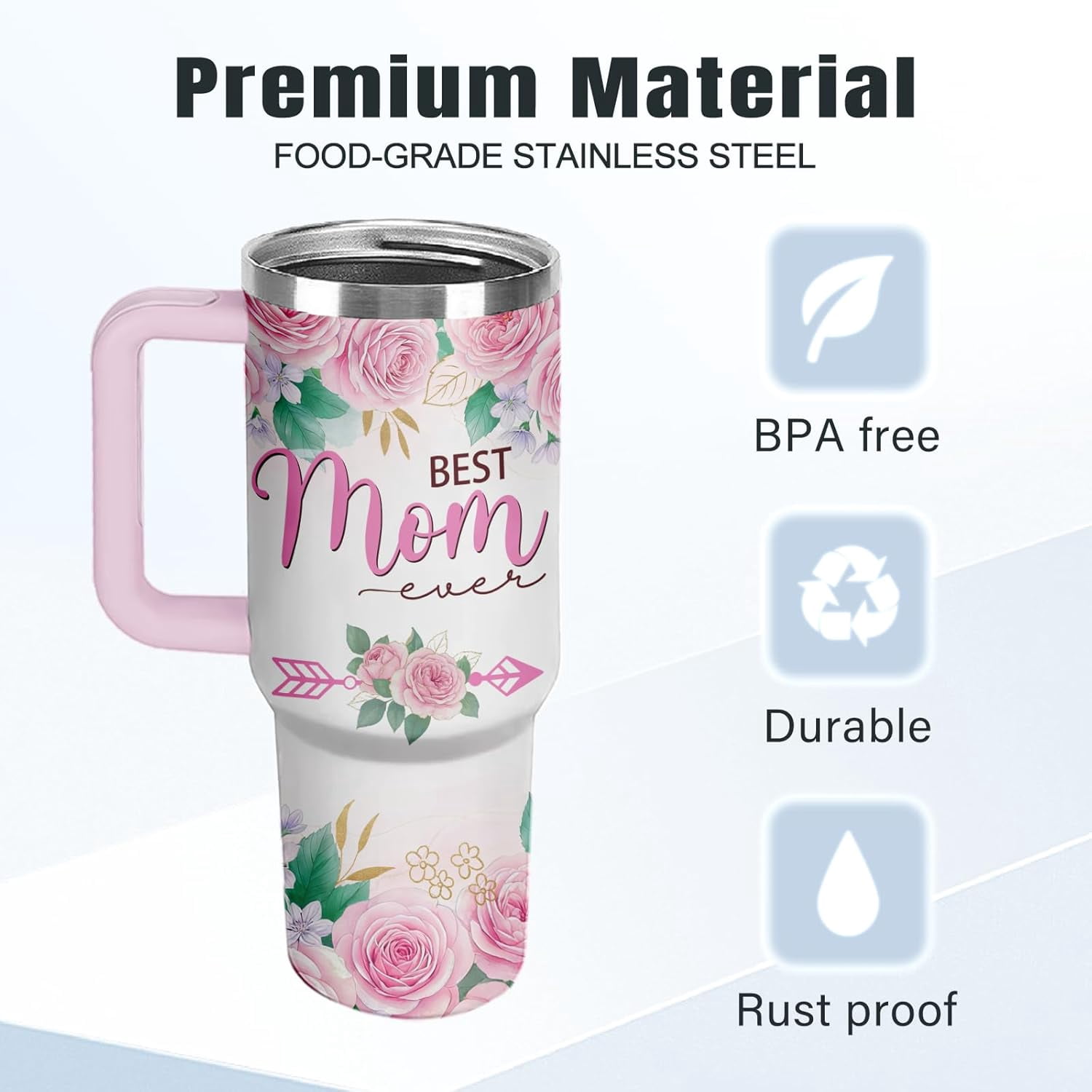 Best Mom Tumbler 40oz with Handle - World's Greatest Mom Gifts for Women, Insulated Travel Coffee Mug, #1 Moms Cup with Lid & Straw, Christmas Birthday Mothers Day Present