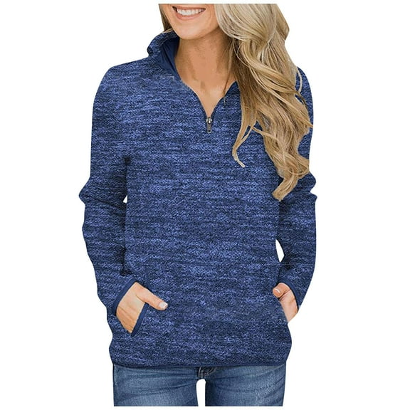 Womens Long Sleeve Half Zipper Tops Quarter Zip Sweatshirt Women Casual Loose Solid Color Pullover Shirt with Pockets (Blue 2XL)