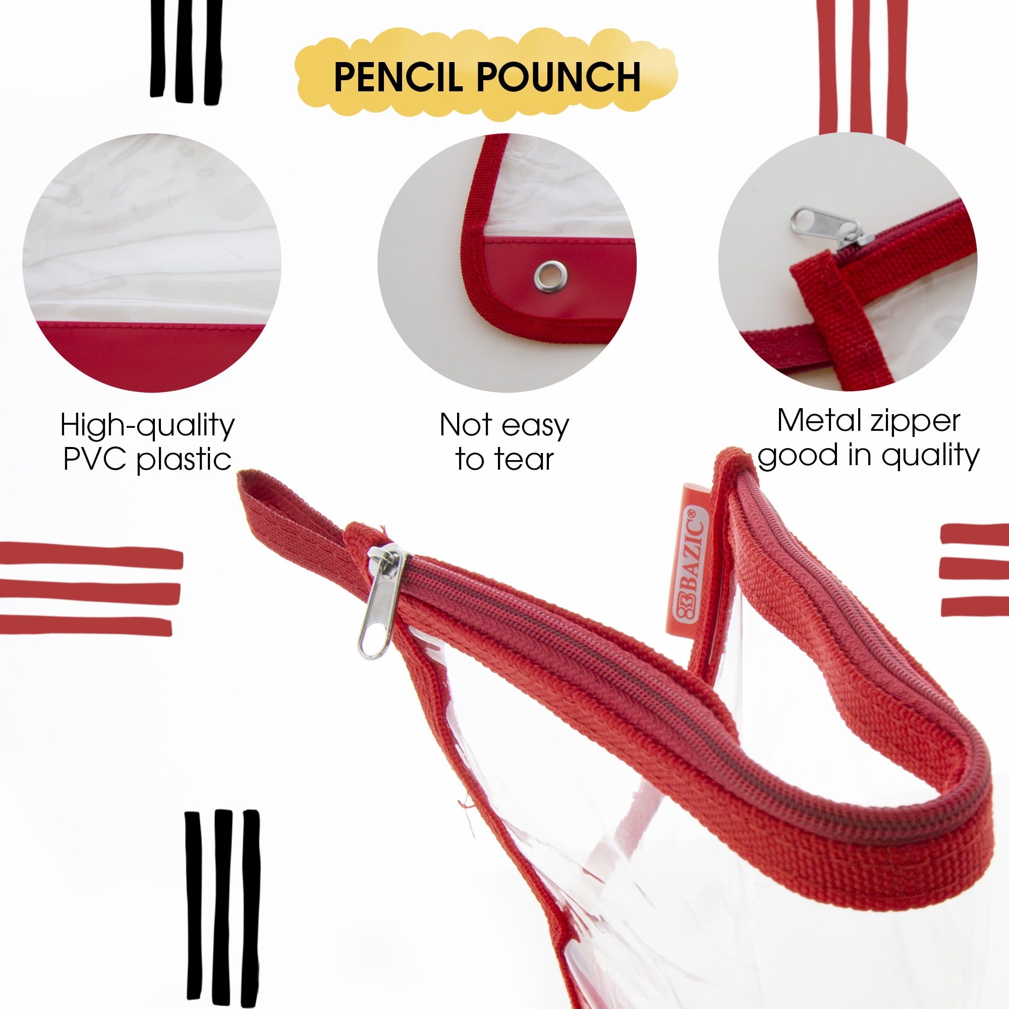 BAZIC 3 Ring Pencil Pouch, 11.5"x6.5" Clear Color, 24-Pack