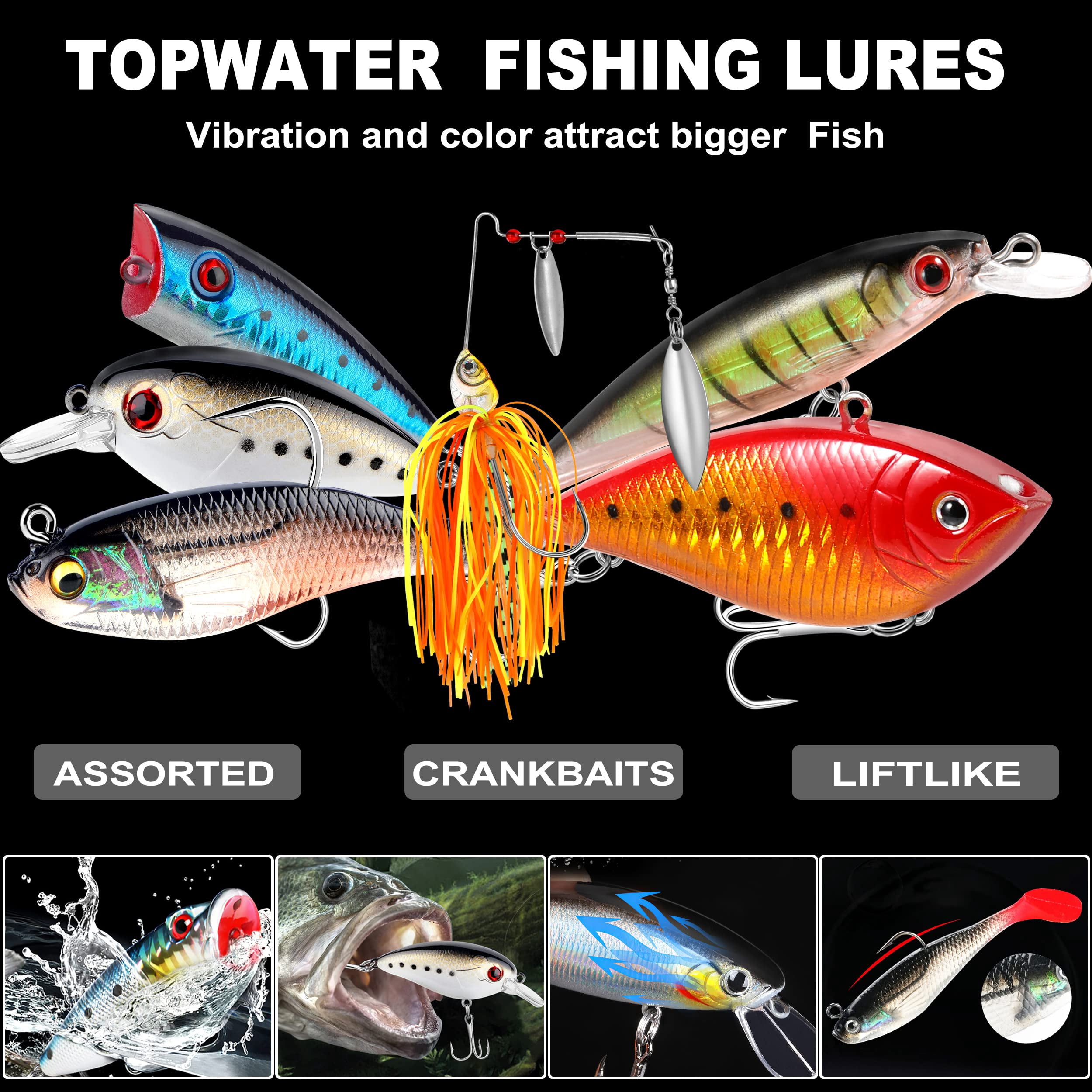 Fishing Lures Tackle Box Gifts For Men  Bass Trout Accessories Kit Saltwater & Freshwater Gear Including Topwater Hooks Spinnerbaits