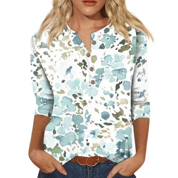 nuevo cuello de botón para mujer estampado de moda mangas 3/4 camiseta con estampado retro top delgado tops casuales blanco/xl