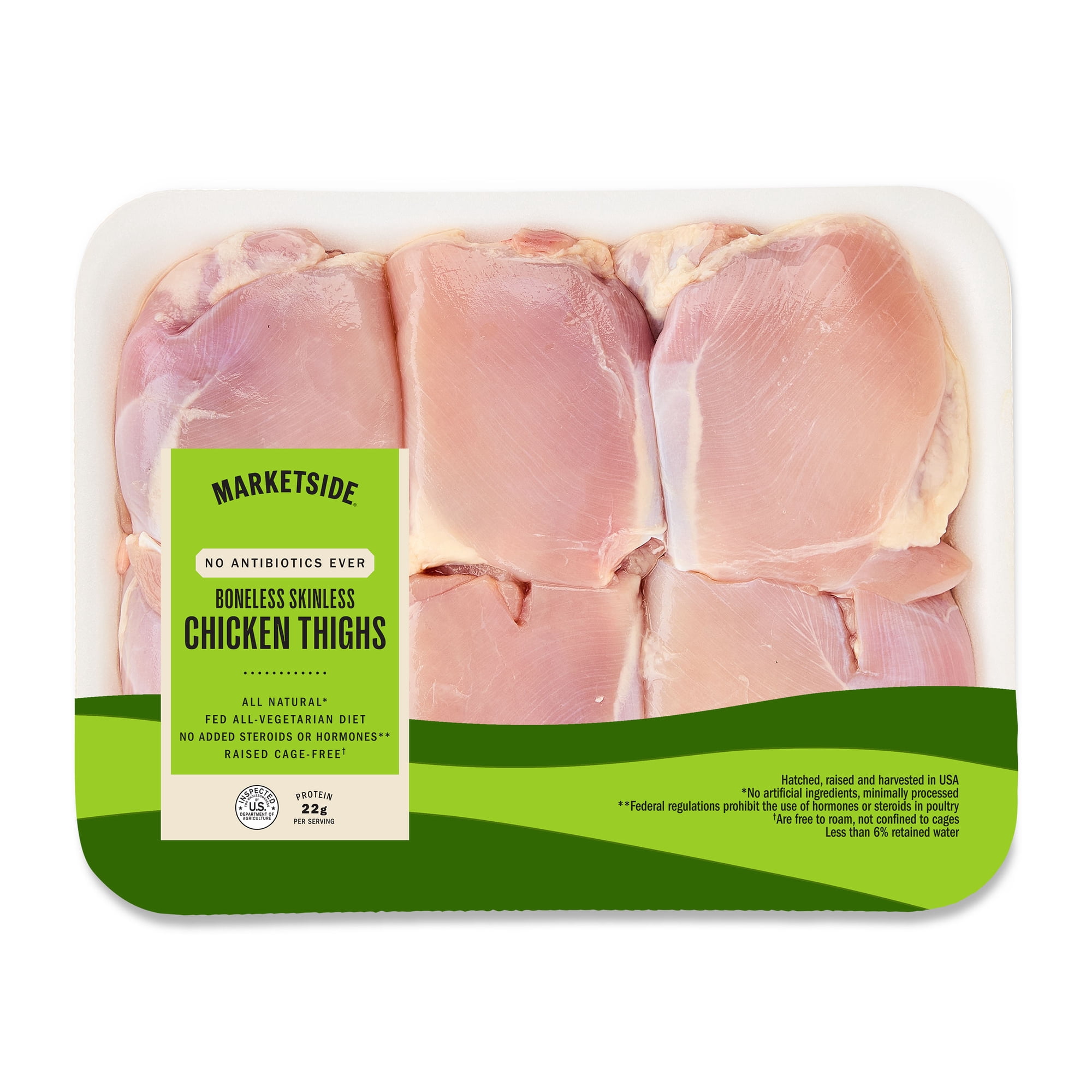 Marketside Antibiotic-Free Boneless Skinless Whole Chicken Thighs, 2.75 - 3.45 lb Tray (Raw)