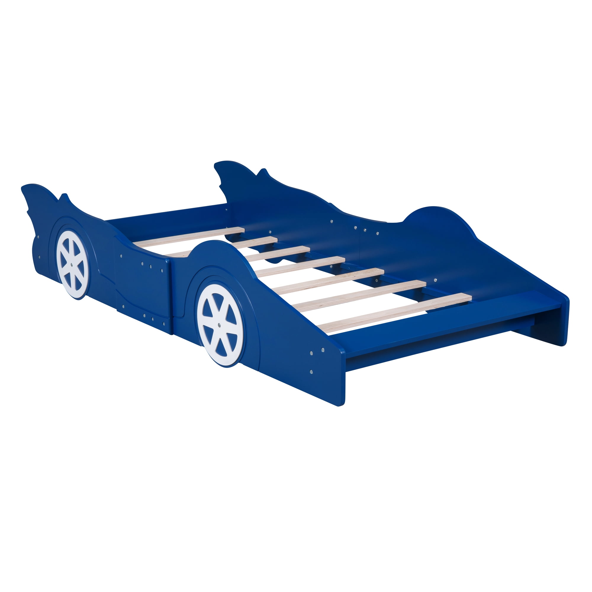 Solid Wood Race Car-Shaped Platform Bed with Wooden Slats, Bed with Wheels, Platform Bed with Headboard and Footboard, No Box Spring Needed (Blue,Twin)