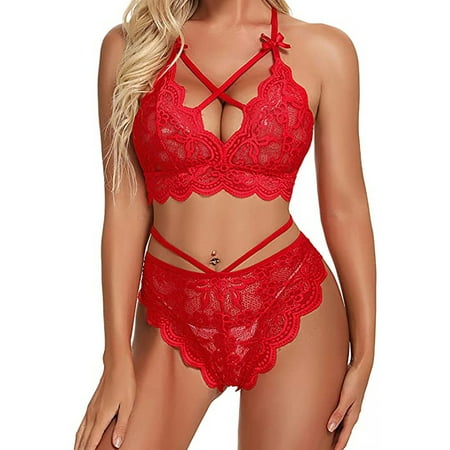 

Shakub Womens Sexy 2 Pcs Underwear Outfits Lace Sleepwear Bandage Bra G-string Thongs Set Nightwear Lingerie