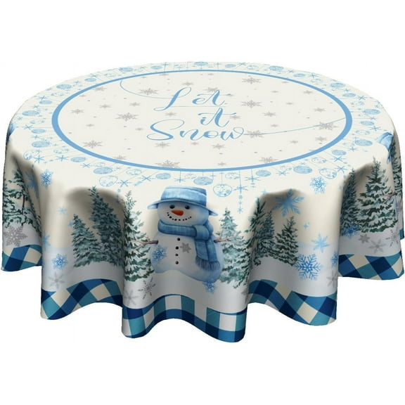 Winter Snowman Blue Tablecloth Round 60 Inch Let It Snow Washable Polyester Table Cover for Kitchen Holiday Party Outdoor Room Home Decor