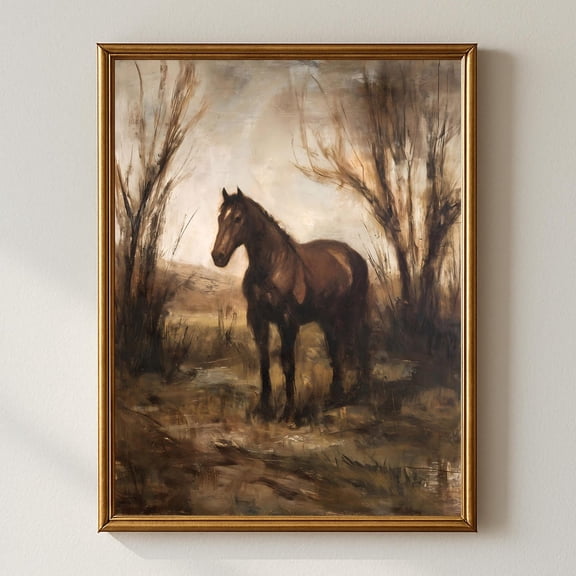 Rustic Horse Wall Art, Moody Horse In Countryside Landscape With Bare Trees, Farmhouse Equestrian Decor Home Decor #1059, Unframed Poster Size 8x12