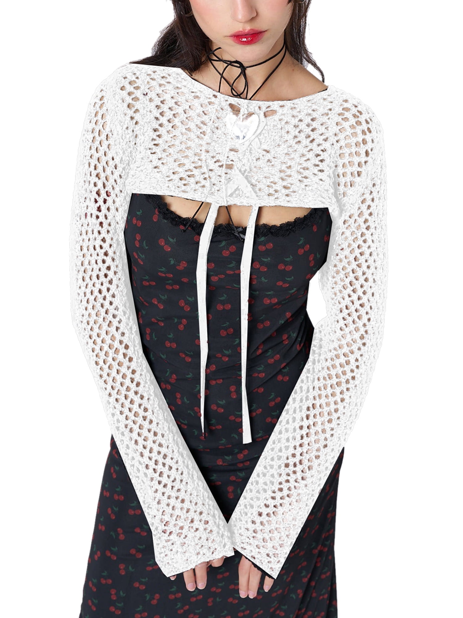 Womens Y2K Crochet Knitted Smock Tops Shrugs Crop Tops Long Sleeve