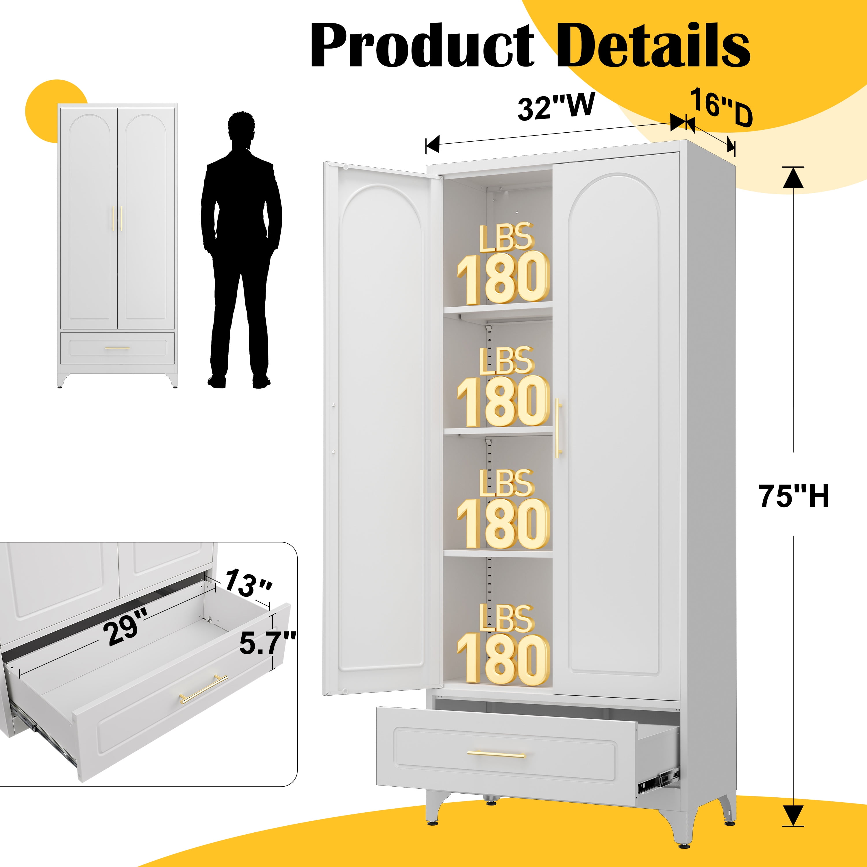 Polup 75" H White Kitchen Pantry Storage Cabinets with Drawers, Doors and Shelves, Steel Large Cupboard