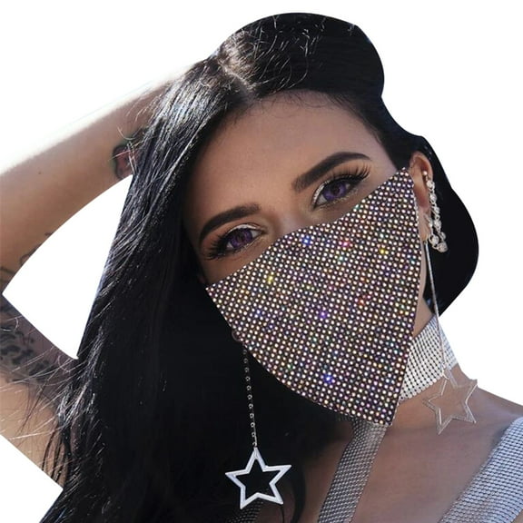 harmtty Women Sexy Reticulated Rhinestone Face Mouth Cover Night Club Party Veil Yashmak,Black A B Rhinestone