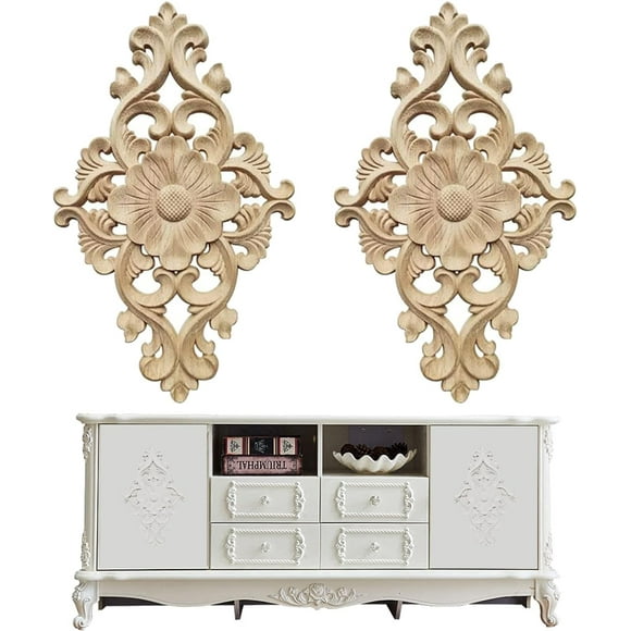Wood Applique for Furniture, 2 Pcs Wood Carved Corner Decal Carved Wood Decal Unpainted Corner Applique Wood Carved Onlay Applique Unpainted for Doors, Windows