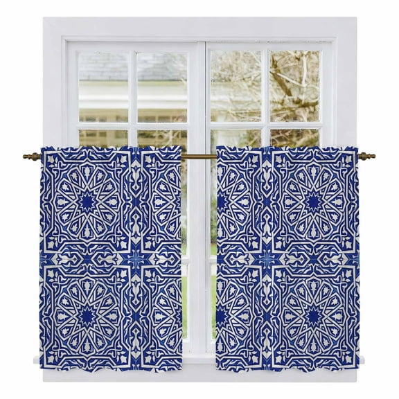 Navy Blue Kitchen Curtains 45 Inch Length, Traditional Tribal Abstract Geometric Tiers Curtains for Bathroom Bedroom Cafe, Light Filtering Small Window Treatment Short Drapes 2 Panels 42"Wx45"L
