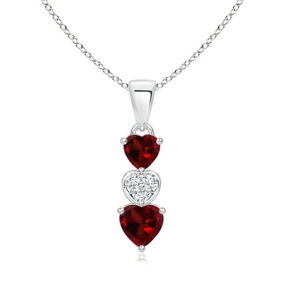 Angara Natural Garnet Necklace - Dangling Garnet and Diamond Triple Heart Pendant in Platinum for Women