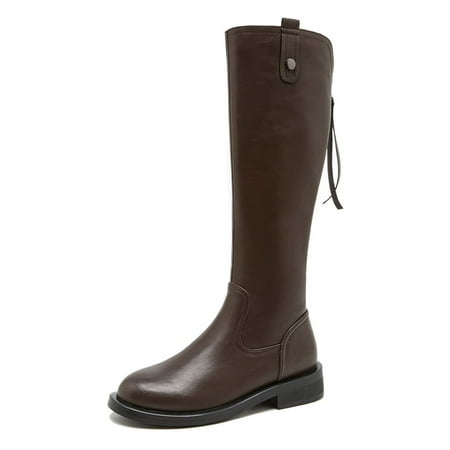 

YDN Women Basic Round Toe Flats Knee High Boots Back Zipper low Heel Riding Boots Warm Comfy Outfit Winter Shoes Size 7.5 Brown