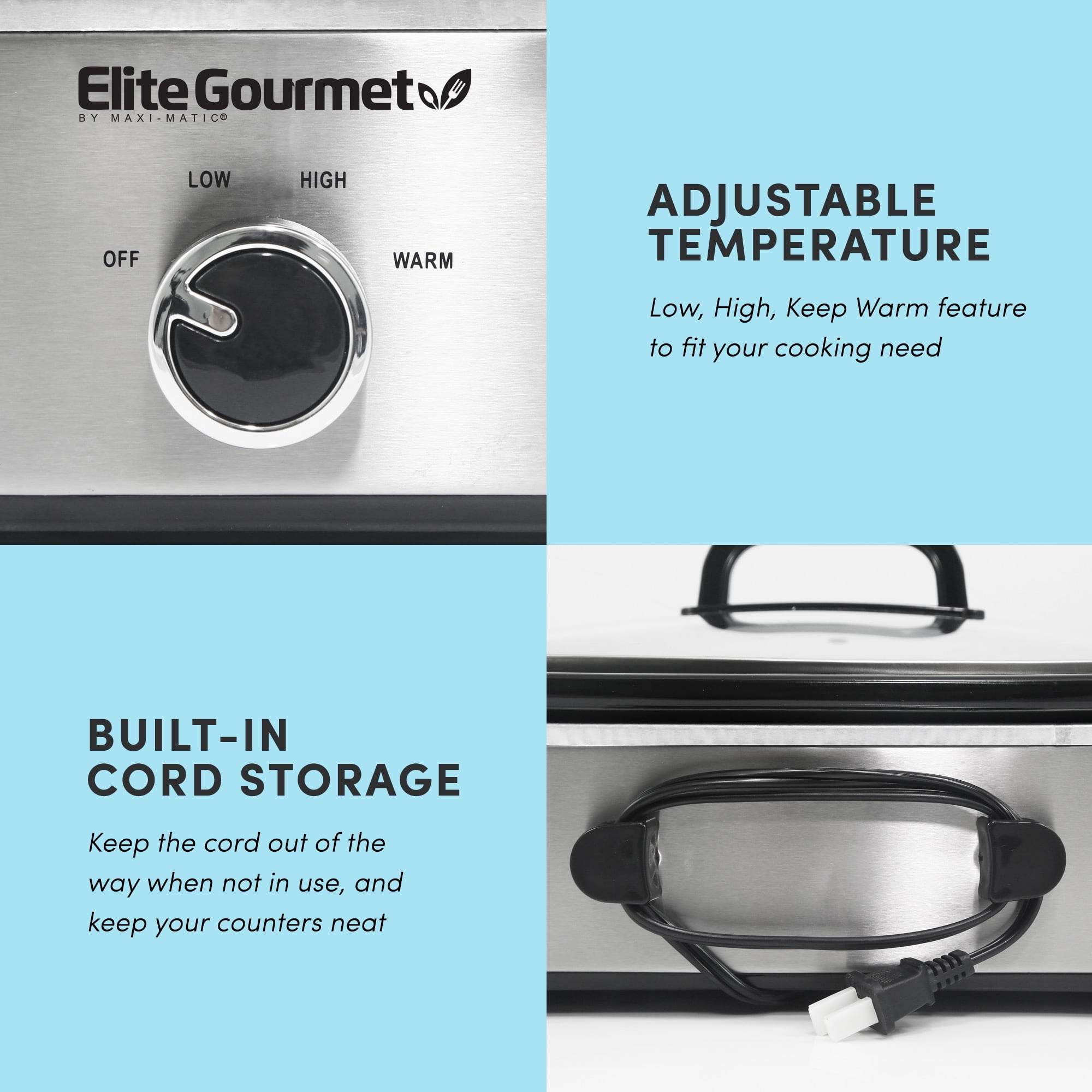 Elite Gourmet MST-350B Electric Oval Slow Cooker, Adjustable Temp, Entrees,  Sauces, Stews & Dips, Dishwasher Safe Glass Lid & Crock (3 Quart, Black)