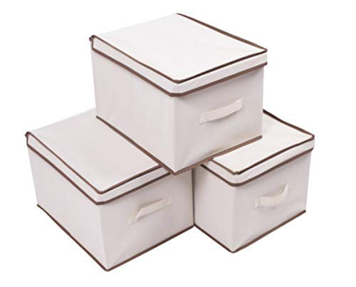 Amelitory Cube Storage Bins with Lid Foldable Fabric Storage Box Organizer Drawer Set of 3 Lake Blue