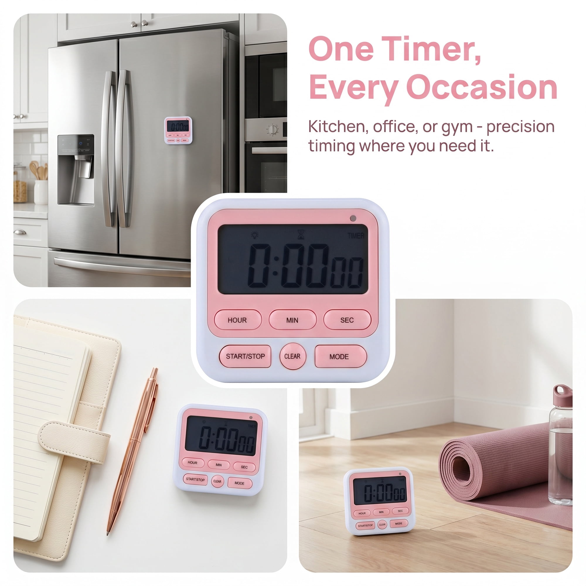 Unique Bargains Kitchen Timer Loud Alarm Clock Magnetic Backing Stand Cooking Timers Pink