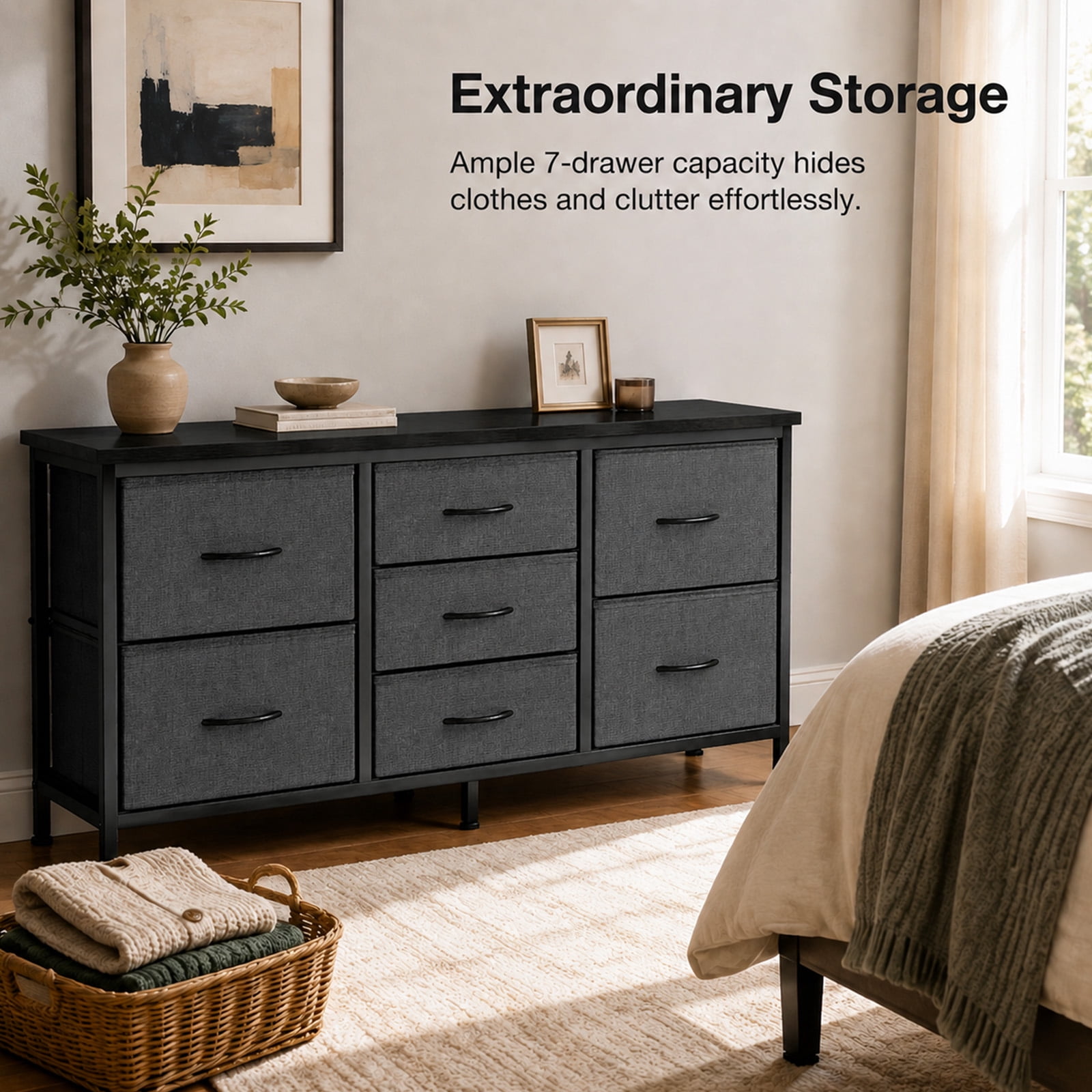 Alvantor 7 Drawer Fabric Dresser, Clothes Organizer Storage Tower for Bedroom, Chest of Drawers with Wooden Top, Metal Frame for Bedroom TV Stand