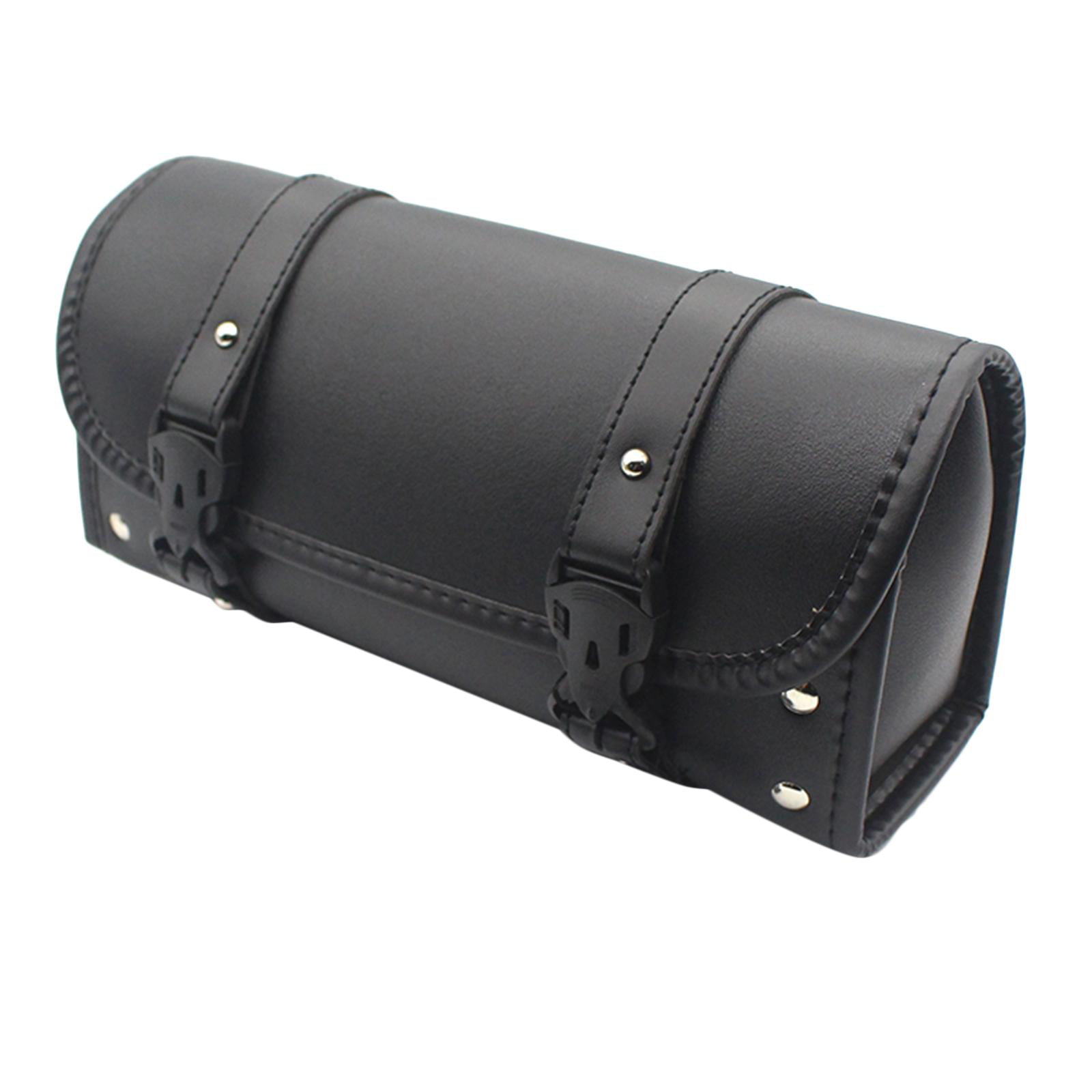 PU Leather Motorcycle Handlebar Bag Multifunctional Black Durable Leather Toolkit Pouch with 2 Straps 