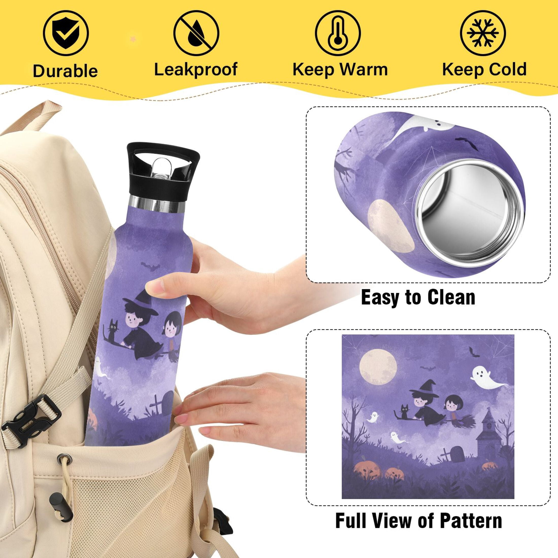 Kids Insulated Stainless Steel Sports Water Bottle 600ml (20oz) Purple Halloween-themed Background