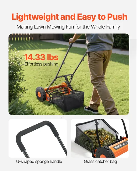14 Inch Manual Push Reel Lawn Mower 5 Blade Adjustable Height with Grass Catcher and 2 Wheels