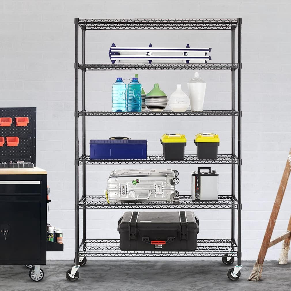 XF XINFENG 6 Tier Storage Shelves Adjustable Wire Shelving Heavy Duty Metal Shelves with Wheels 2100 lbs Capacity,Black