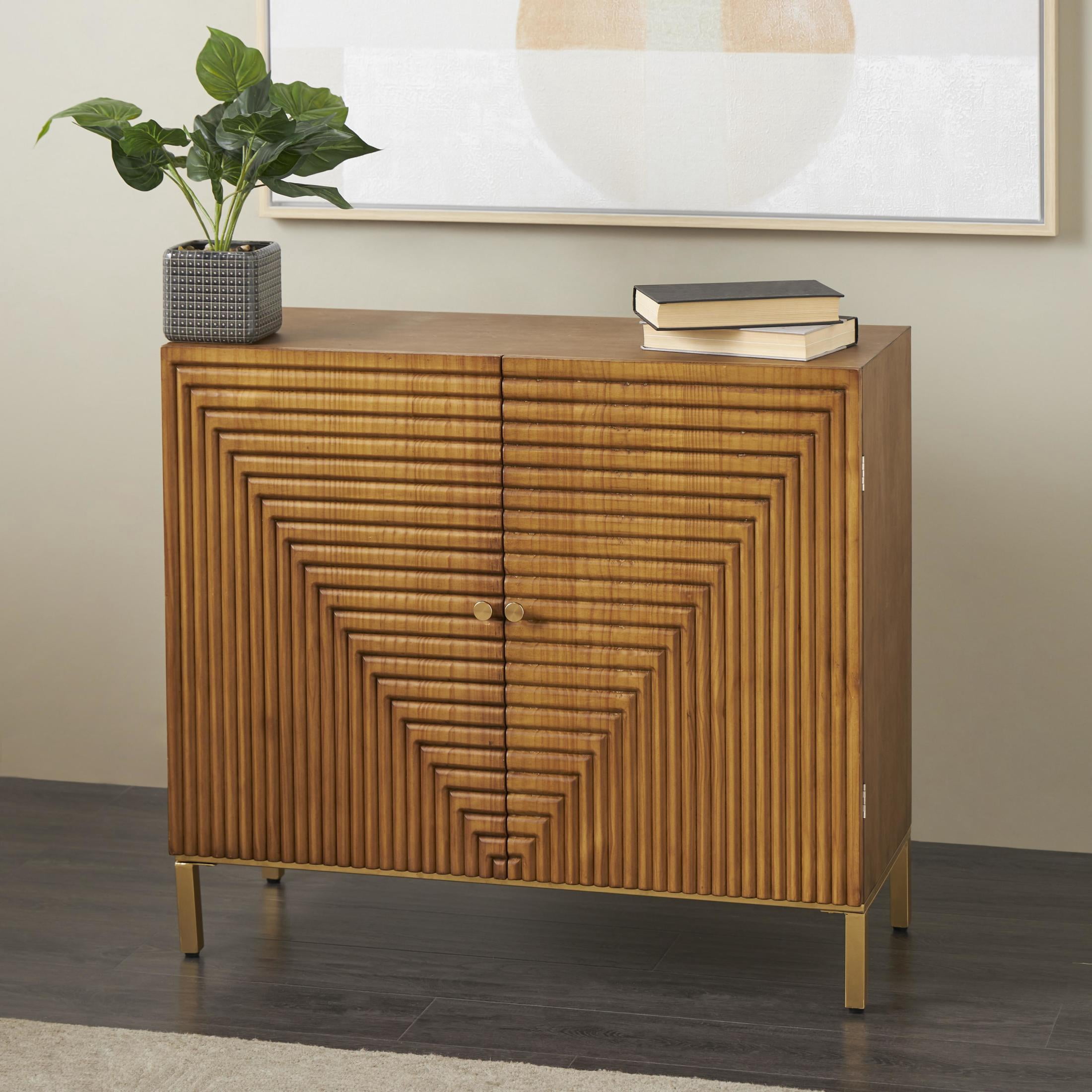 DecMode 36" x 32" Brown Wood Carved Square Geometric Cabinet with Gold Accents, 1-Piece