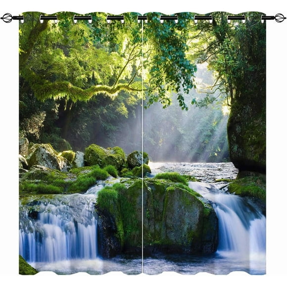 Rideaux de Nuit Thème Nature Paysage Draperies de Fenêtre avec Lune Nuage Mer Océan Paysage Scène Motif Imprimé Poche de Tringle Décor Rideaux pour Chambre Salon Café Bureau 2 Panneaux 42 x 84 Pouces