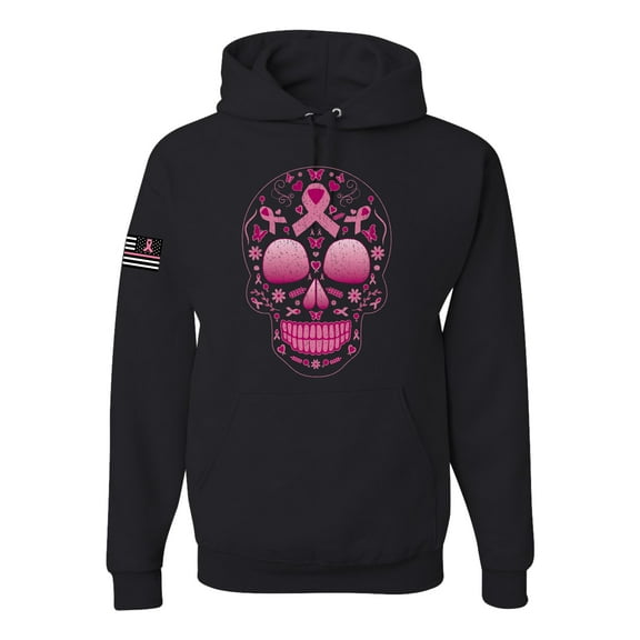 Wild Bobby Pink Breast Cancer Sugar Skull US Flag Breast Cancer Awareness Unisex Hoodie Sweatshirt, Black, Small
