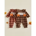 thumbnail image 3 of RUINIXCW Newborn Baby Girl My First Thanksgiving Outfit Infant Baby Girl Fall Clothes Plaid Bubble Romper Long Sleeve Turkey Embroidery Jumpsuit, 3 of 10