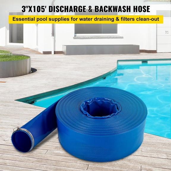 Discharge Hose,3"x105',PVC Lay Flat Hose,Heavy Duty Backwash Drain Hose with Clamps,Weather-proof&Burst-proof,Ideal for Swimming Pool&Water Transfer,Blue