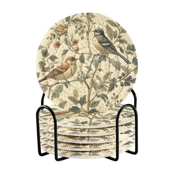 Yayeee 6 PCS Drink Coasters with Holder Set Woven Absorbent Round Tabletop Hot Pad, Green Birds