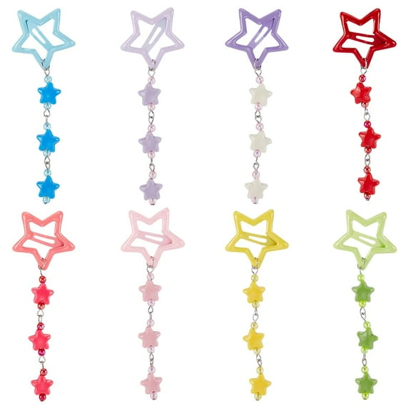 8 Pairs 8 Colors Star Hair Clips Alloy Snap Hair Clips with Star Bead Dangles Metal No Slip Hair Barrettes for Girls Women Hair Making Salon Supplies