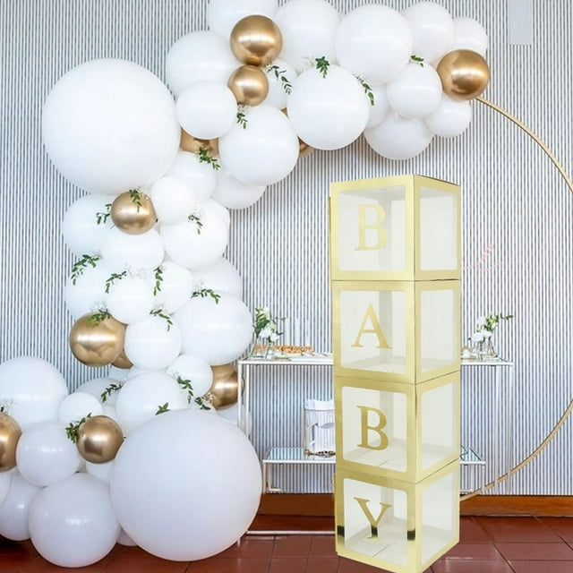 4 Pcs Clear with Metallic Gold 12-Inch Transparent Balloon Boxes Events Home Wedding Reception Centerpieces Decorations(White)